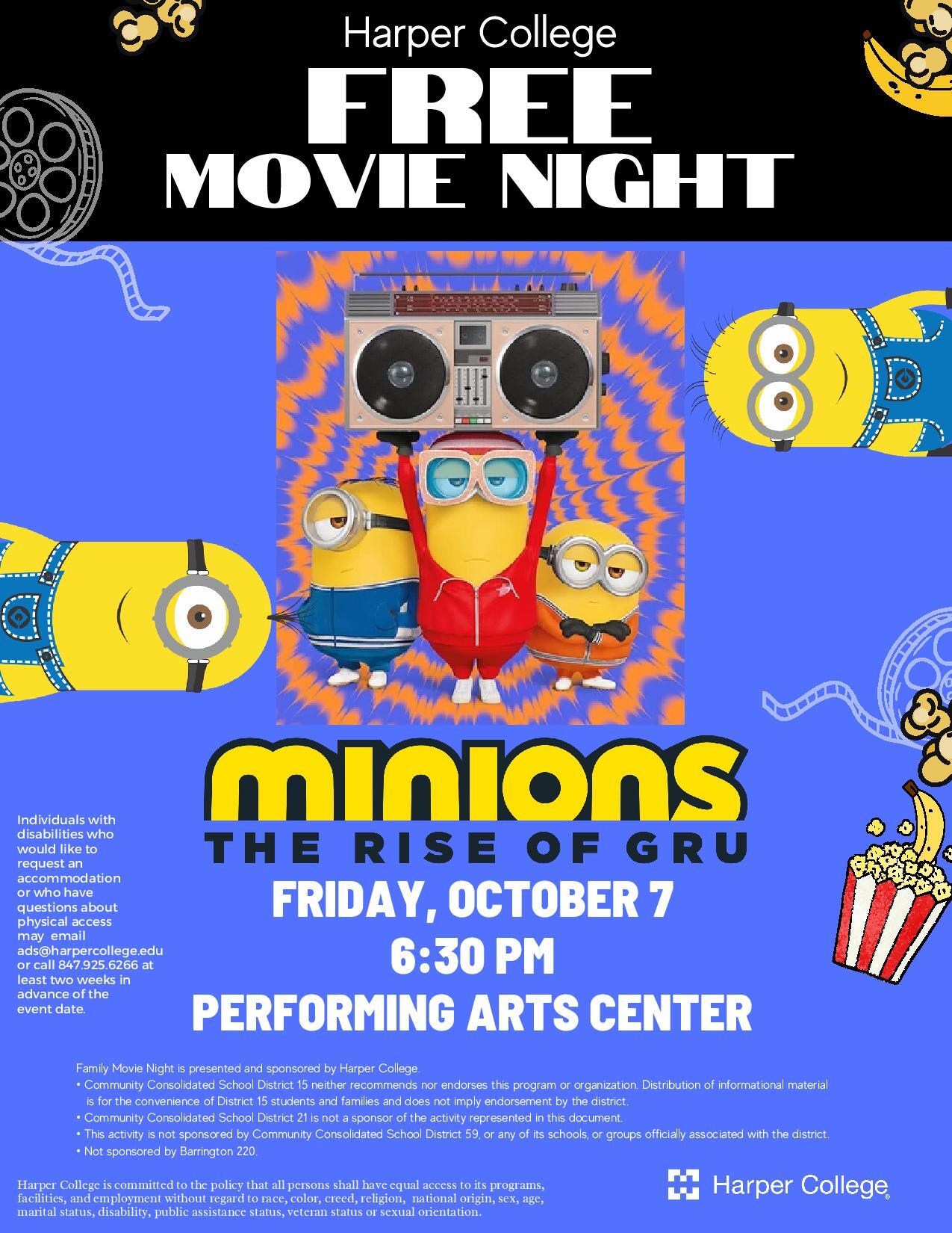 Harper College Minions Movie Night on October 7