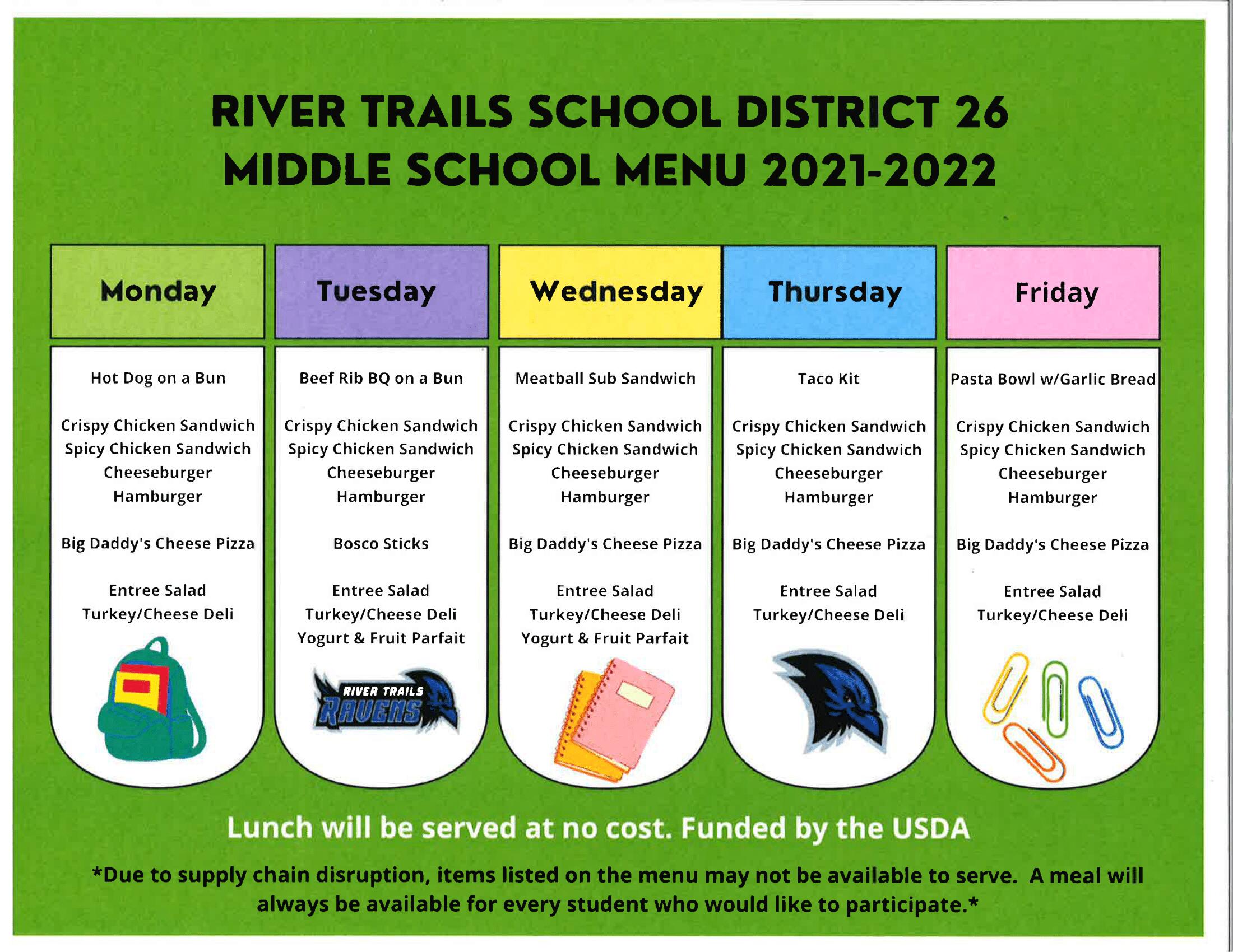 Menu for River Trails Middle School
