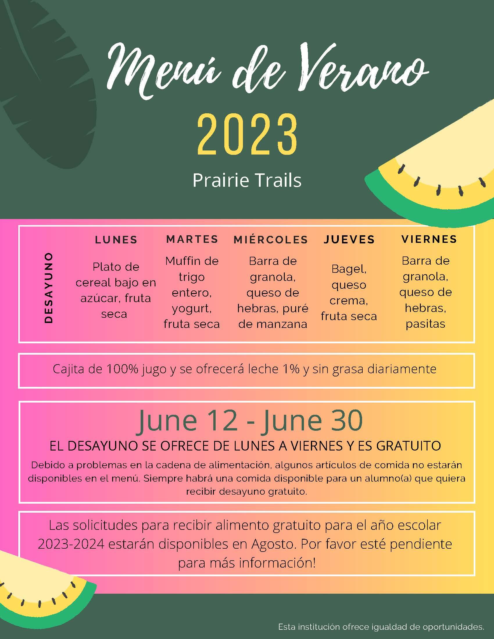 Prairie Trails Summer 2023 Menu - Spanish